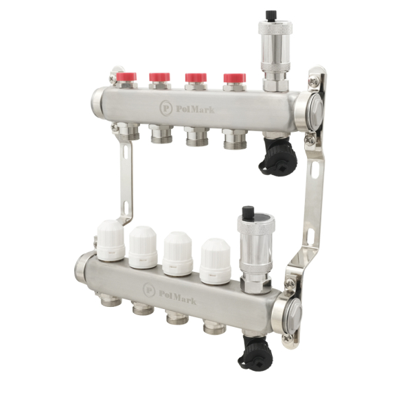 Коллектор PLM 1'x3/4' 4 выхода с воздухоотводчиком с термоклапанами без евроконусов