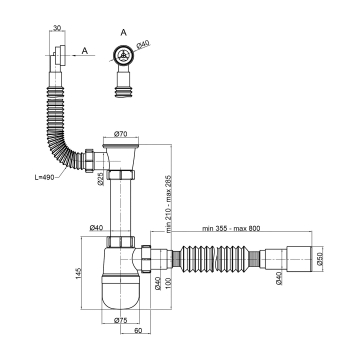 Сифон для миття PLM 1 1/2'x40 з різьбовим випуском 40x40/50 та гнучким переливом PM 40 SF 20 04