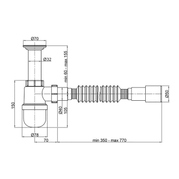 Сифон для умивальника PLM 1 1/4'x40 з литим випуском/з гофротрубою 40x40/50 PM 40 SF 10 02